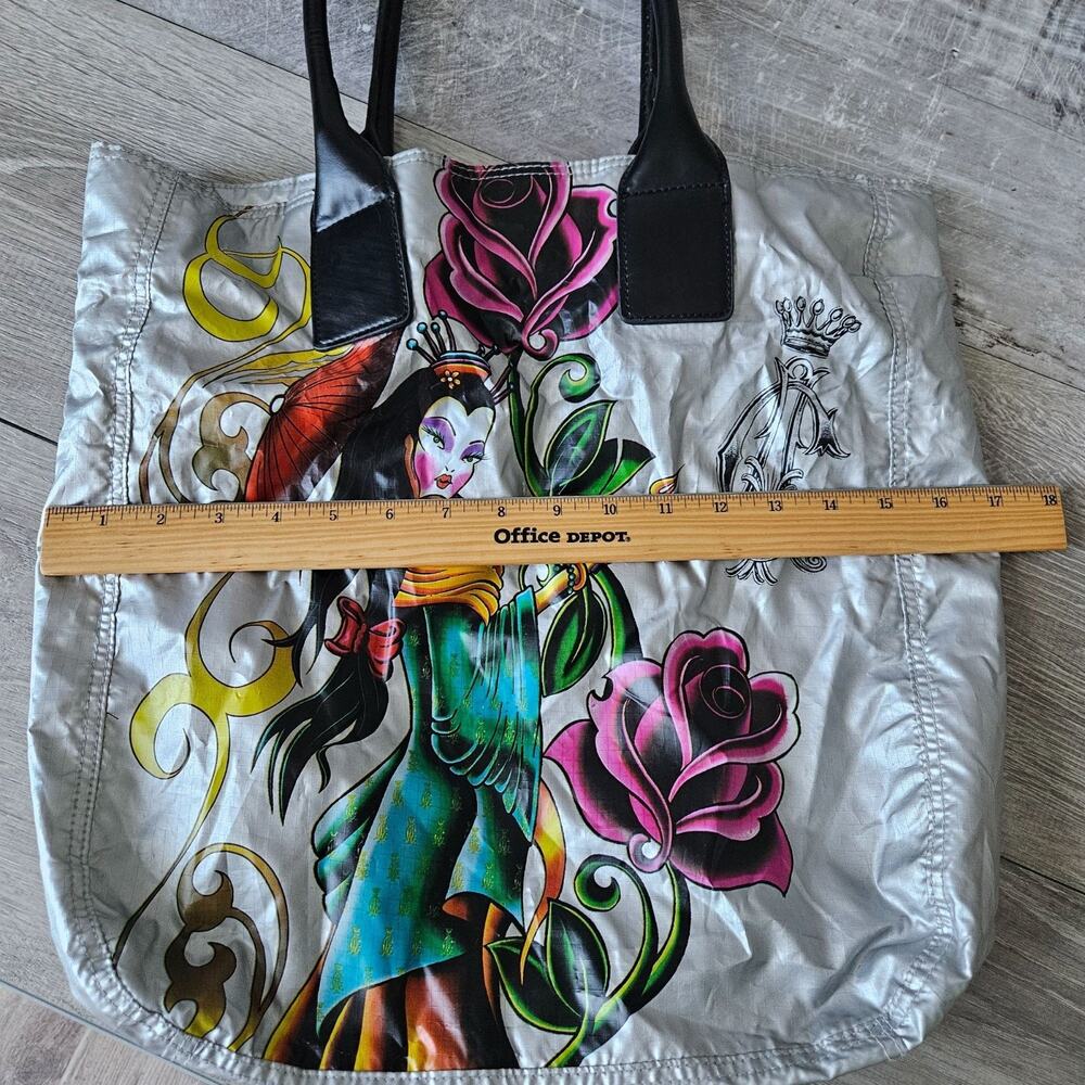 Christian Audigier Y2K Silver Tote Bag Rose Queen Geisha Ed Hardy Graphic Print‎ - Picture 11 of 16
